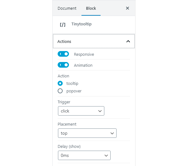 Tinytooltip WordPress Gutenberg Block Properties